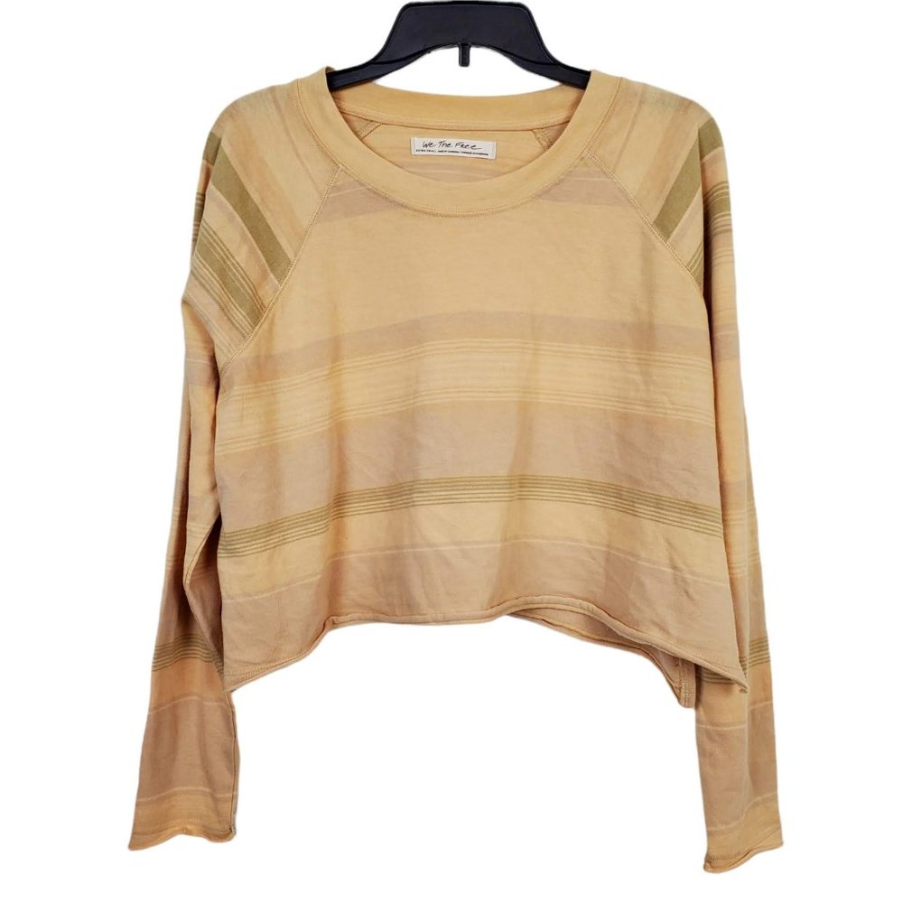 Free People Baja Beige Striped Crop Tee XS Prosecco Raglan Long Sleeve Oversized